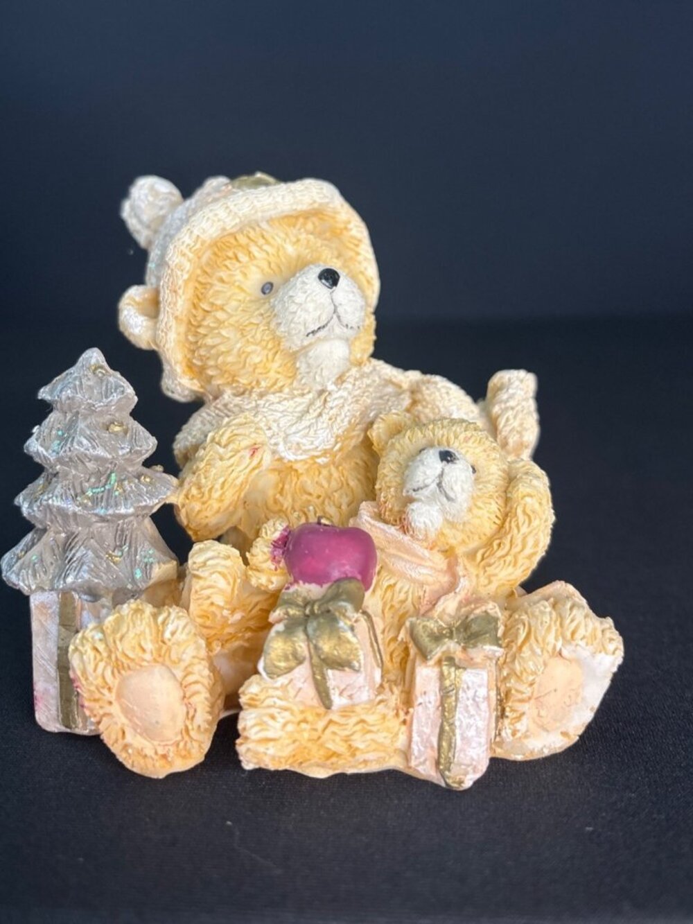 Bear Momma Cub Christmas Bears Figurine Apple Tree Holiday Decor Glitter Gift